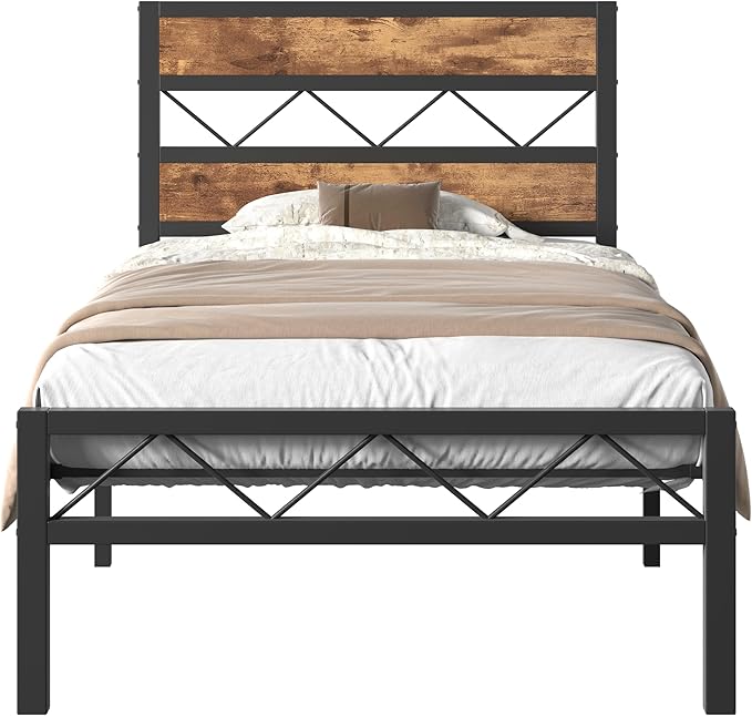 VECELO Twin Size Bed Frame with Headboard, Heavy-Duty Platform Bedframe with Metal Slats Support, No Box Spring Needed, Easy Assembly, Black & Brown