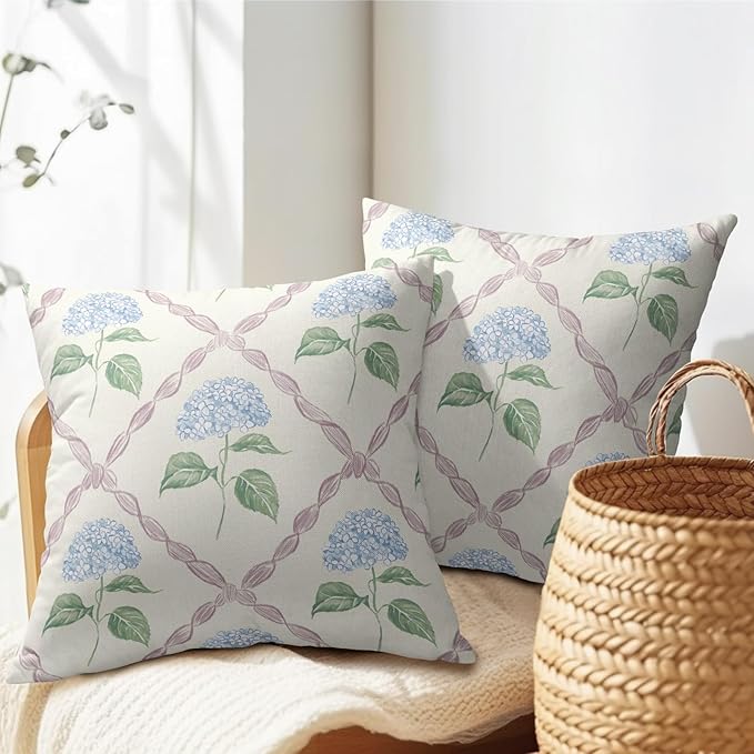 Kawani Hydrangea Pillow Covers 24x24 Inch Watercolor Blue and Pink Floral Outdoor Decorative Throw Pillows Set of 2 Rustic Elegant Flower Pillowcases Cushion Covers for Home Couch Decor