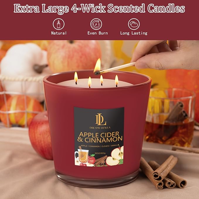 Apple Cider & Cinnamon Candle, Fall Scented Candles, Large 30oz Natural Soy Candles, 4-Wick 80 Hour Burn Time, Autumn Fragrance Candle Gifts for Home Decor