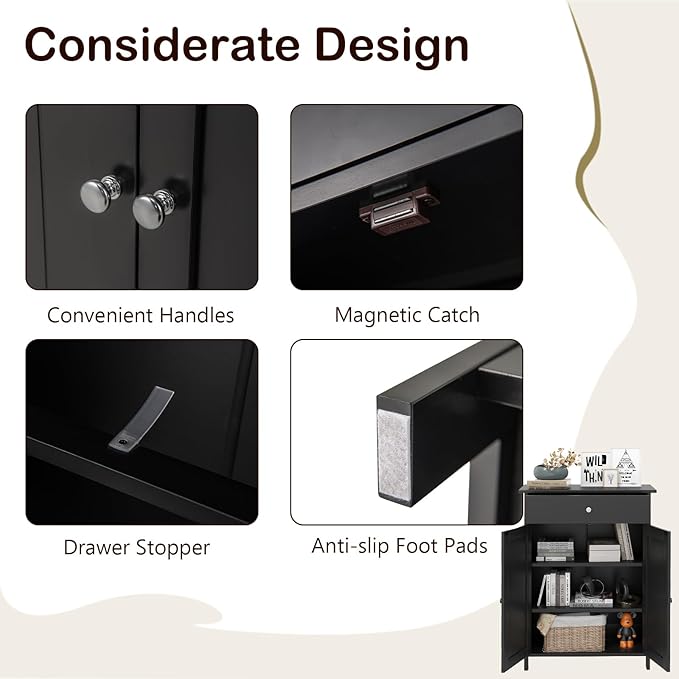 Tangkula Bathroom Storage Cabinet, Freestanding Floor Organizer w/ 2 Doors, 1 Drawer & 1 Adjustable Shelf, Modern Home Bathroom Furniture for Living Room Entryway Kitchen (Cabinet & Drawer, Black)