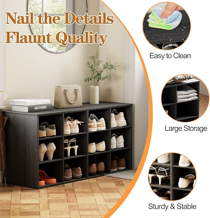 12-Cubby Shoe Rack, 3-Tier Wood Shoe Organizer, Multifunctional Shoe Organizer Bench for Entryway, Mudroom, Hallway, Closet,36.22 * 11.81 * 17.72 Inch,Black
