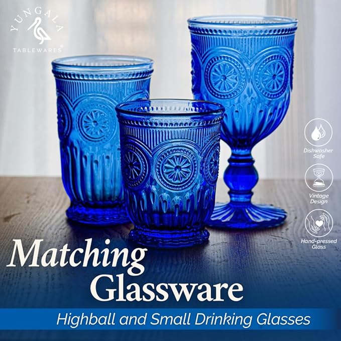 Yungala Cobalt Blue Wine Glasses Set of 6 Blue Goblets - Handcrafted Vintage Glassware with Sunflower Motif, Dishwasher Safe Cobalt Blue Glassware
