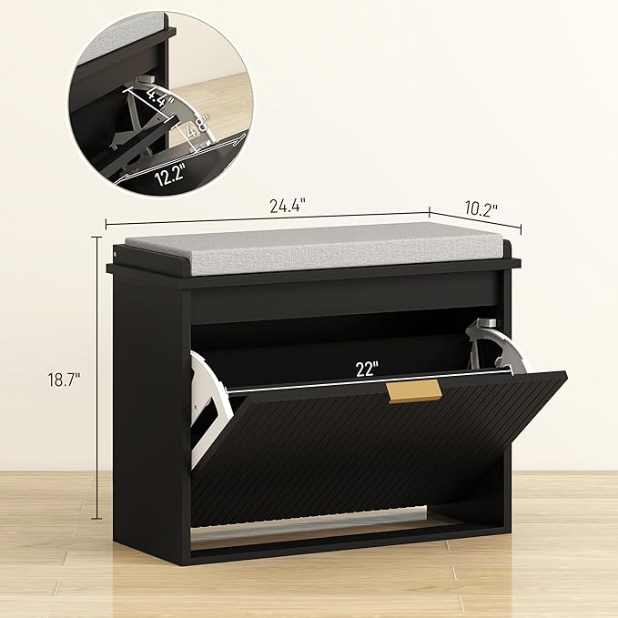 HOMCOM Narrow Shoe Bench with Padded Seat Cushion and Flip-Drawer, Small Entryway Bench Holds up to 265lb, Shoe Cabinet, 24.4x10.2x18.7 Inches, Black