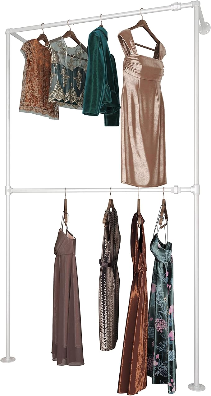 Industrial Pipe White Clothing Racks Wall Mounted, Industrial Clothes Racks for Hanging Clothes, Vintage Retail Garment Rack Display Rack