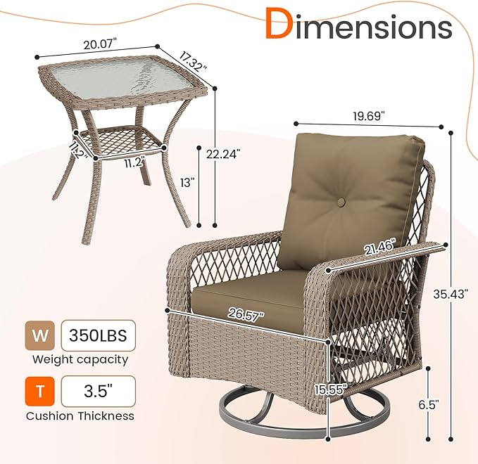 UDPATIO Patio Furniture Set 360 Swivel Chair 3 Piece Patio Set Wicker Outdoor Chair with Coffee Table for Yard, Bistro, Balcony