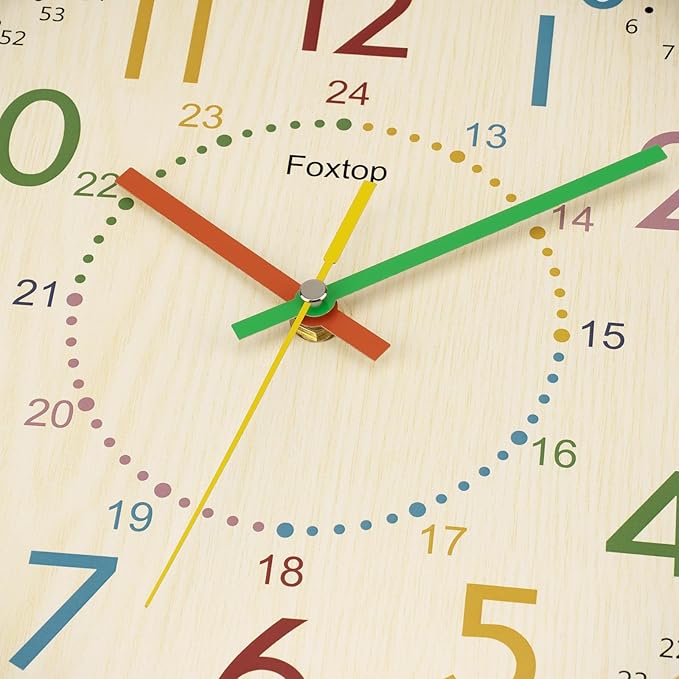 Foxtop Kids Wall Clock 12 Inch Silent Non-Ticking Battery Operated Colorful Childrens Wall Clock for Classroom Playroom Nursery Bedrooms Kids Room School