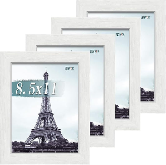 VCK 8.5x11 Picture Frame Set of 4 - White, Gallery-Quality Wood Poster Frames, 1.1-Inch Wide Border, Polished Plexiglass, Vertical or Horizontal Wall & Tabletop Display for Photo/Art/Prints, White