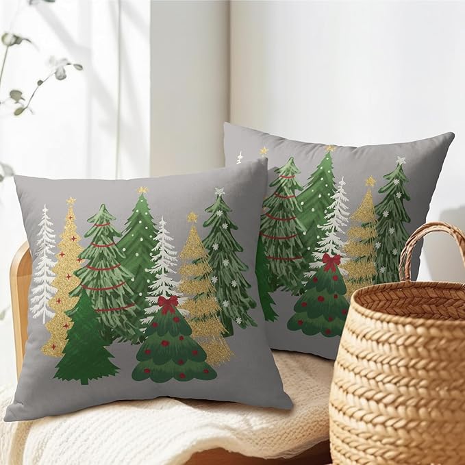 Kawani Christmas Gray Decorative Pillow Covers 20x20 Inch Set of 2 - Tree Outdoor Throw Pillow Covers for Winter Xmas Holiday - Cushion Covers for Home Couch Decor
