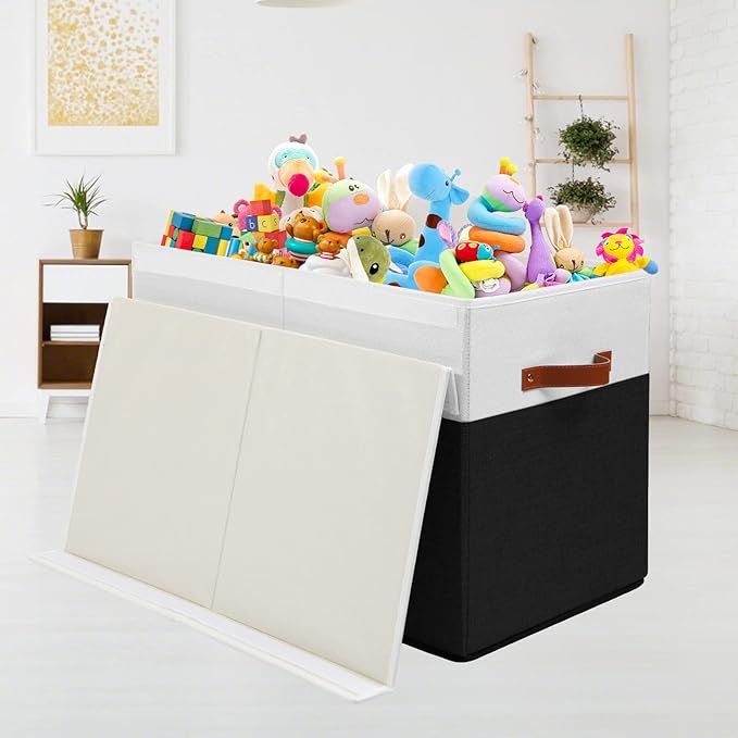 Large Toy Storage Box with Lid, Sturdy Toys Storage Chest Bin Organizer Basket with Dividers for Kids, Boys, Girls, Nursery, Closet, Bedroom, Playroom 25"x13" x16" (Black and White)