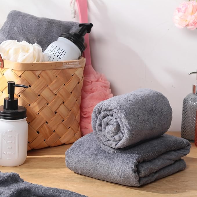 Newwiee 24 Pcs Coral Velvet Microfiber Bath Towels Sets 28 x 55 Inch Large Absorbent Multipurpose Quick Drying Soft Body Towels for Shower Bathroom Beach Fitness Yoga Sports Spa(Grey)