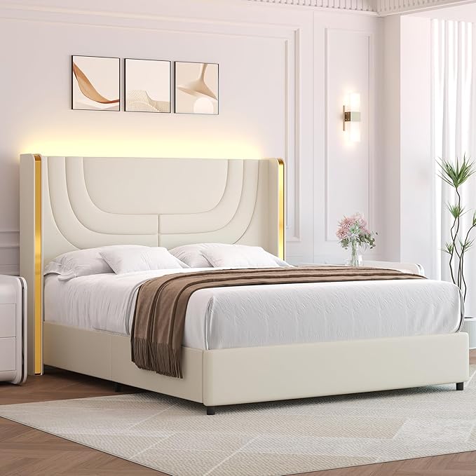 Queen Bed Frame with LED Lights, Faux Leather Upholstered Platform with Silver Wingback Headboard, Modern Style, No Box Spring Needed, Easy Assembly, Cream
