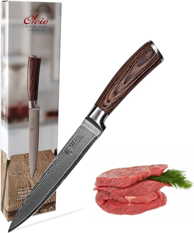 Wakoli EDIB Damascus Meat Knife – 7-inch blade made of 67 layers of Damascus steel with VG10 core, ergonomic Pakkawood Handle, for Meat, Fish, BBQ, Roasts & more – in Gift Box