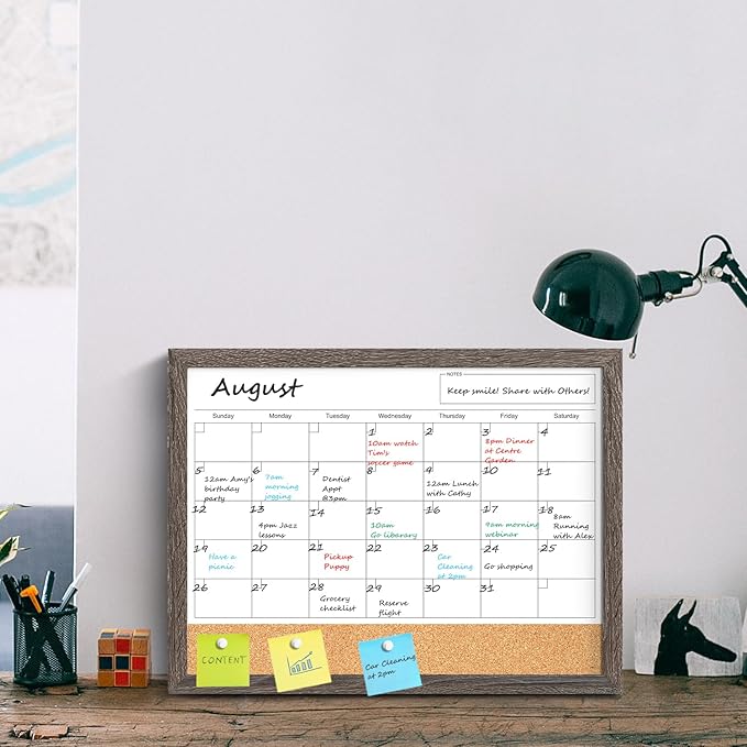 Calendar Whiteboard for Wall, 17x13 Inches Dry Erase Calendar Cork Board Combo, Magnetic White Board with Wood Framed, Hanging Dry Erase Board for Home Kitchen Office Planner Memo