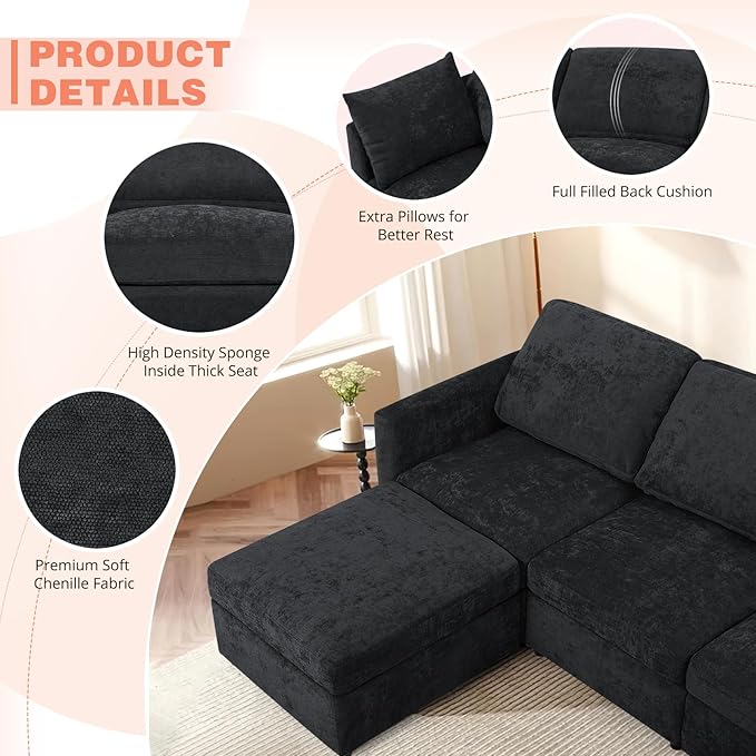 110” Chenille 4 Seats Sofa W/2 Movable Ottoman, Modern Fabric U Shaped Couch w/Soft Backrest, Upholstered Sectional Sofa w/Armrest Pillows for Living Room, Office, Black