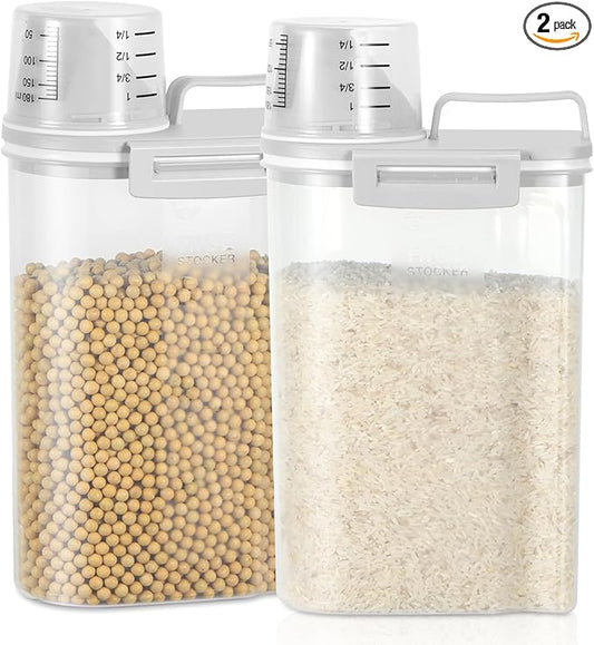 TBMax Rice Storage Container 2 Pack, Plastic Kitchen Pantry Food Storage Container with Cup, Small Pet Dog Cat Food Container Dispenser