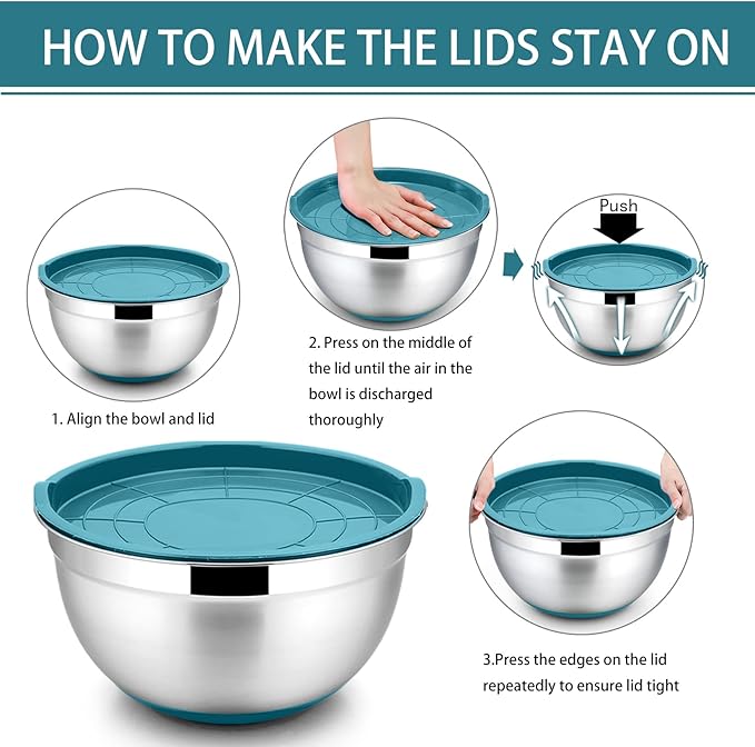 P&P CHEF Mixing Bowls with Lids Set of 5, Stainless Steel Nesting Salad Bowl with Lid & Base for Non-slip Mixing Prepping Storing Serving, 5 Sizes-7/3.5/2.5/1.5/1 QT, Blue