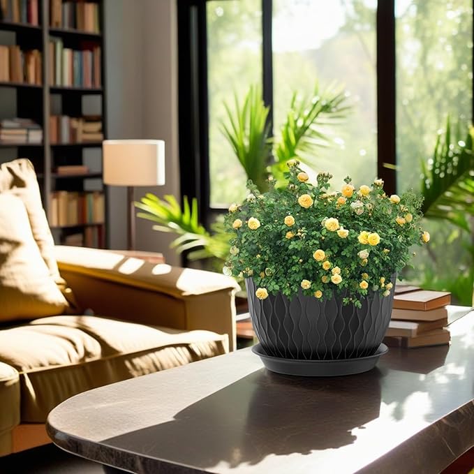 12/10/9 Inch Plant Pots, 3 Pack Large Flower Pots for Indoor and Outdoor Plants with Water Ripples, Large Plastic Flower Pots with Drainage Holes and Tray for Garden Indoor Plants