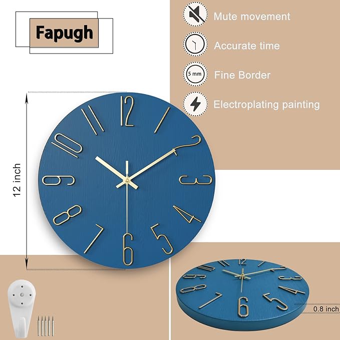 Wall Clock Battery Powered 12 inch Small Clock Analog Clock, Suitable for Home, Office, Bedroom, Kitchen, Classroom, School (Blue)
