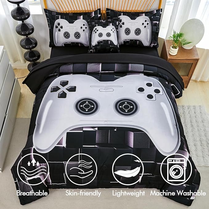 PERFEMET Boys Bedding Set Full Size 6-Piece Video Game Kids Bed in A Bag with Sheets Soft Comfy Black and White Game Console Comforter Set for Teen Girls(White, Full)