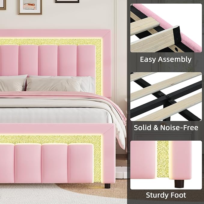 HOMBCK Queen Bed Frame with LED Lights and Velvet Upholstered Headboard, Bed Frame Queen Size with Modern Diamond Headboard Adjustable, Wooden Slats Support, Noise Free, No Box Spring Needed, Pink