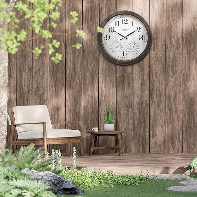 18 Inch Large Outdoor Clocks for Patio Large Waterproof with Thermometer,Outdoor Clock Thermometer Combo,Weatherproof for Patio,Pool and Garden Decor,Grey Oak