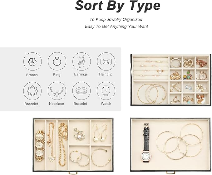 Jewelry Holder Organizer, Leather Jewelry Set Box with 2 Drawers, Jewelry Storage Box for Women Girls(Black)