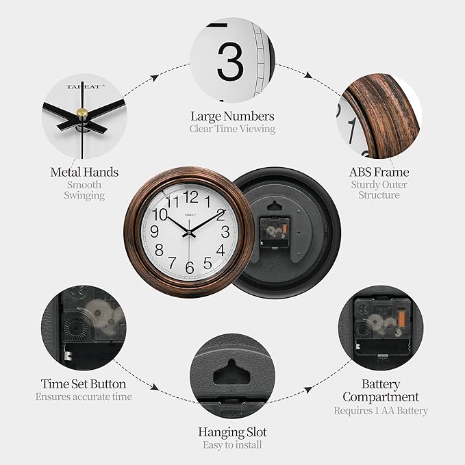 TAHEAT Vintage Gold Copper Wall Clock, Silent Non Ticking Battery Operated Round Wall Clock Decorative for Kitchen Living Room Bedroom Office, 10 Inch