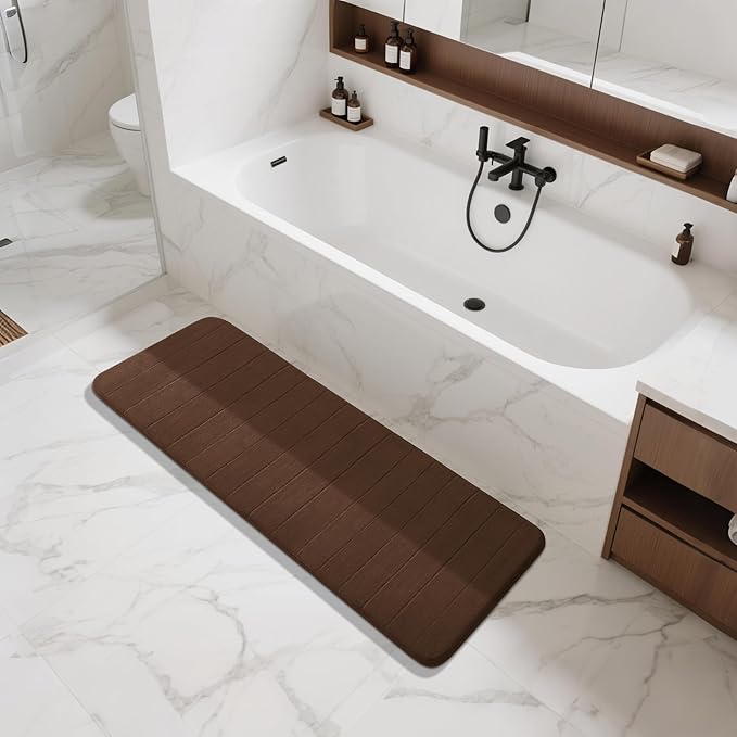 Yimobra Bathroom Runner 60"x24", Non Slip Memory Foam Bath Mat, Super Soft Water Absorbent Hallway Carpet, Machine Washable Rug for Vanity Tub Shower, Brown