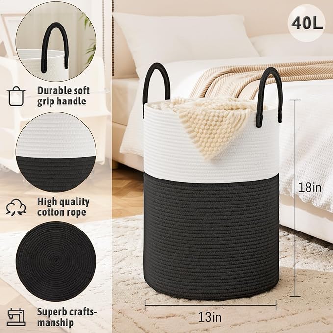 Laundry Basket,Woven Cotton Rope Laundry Hamper,40L for Decorative Storage of Dirty Clothes,Toys and Blankets in Bathroom,Baby Room and Living Room