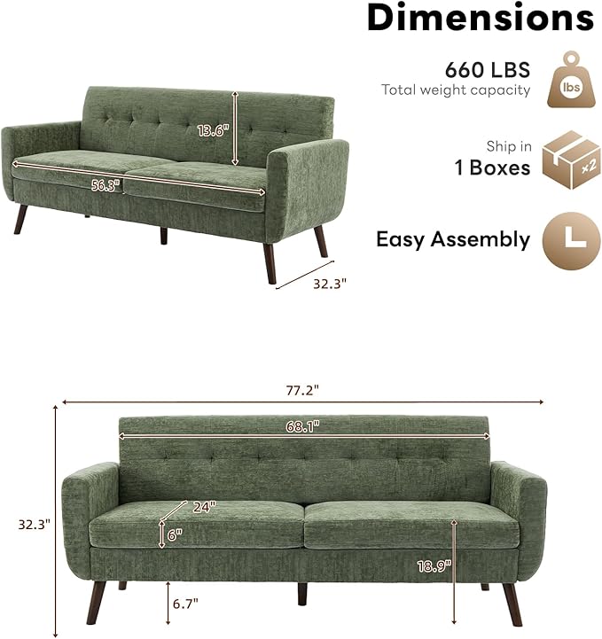 Tbfit 77.2" W Linen Sofa Couch, Mid Century Modern Decor Loveseat Couches for Living Room, Button Tufted Upholstered Small Couch for Bedroom, Solid, and Easy to Install Love Seats Furniture, Green
