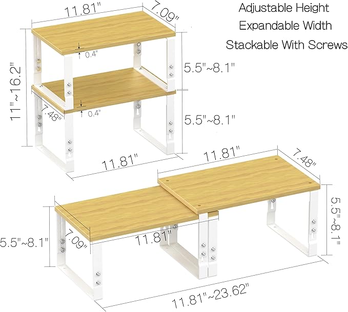 Expandable Kitchen Cabinet Organizer Shelves – Stackable Adjustable Metal and Wood Storage Racks for Countertop, Pantry, Garage Set of 2 Spice Rack – Easy Assembly, Space-Saving(2 Packs/Medium/White)