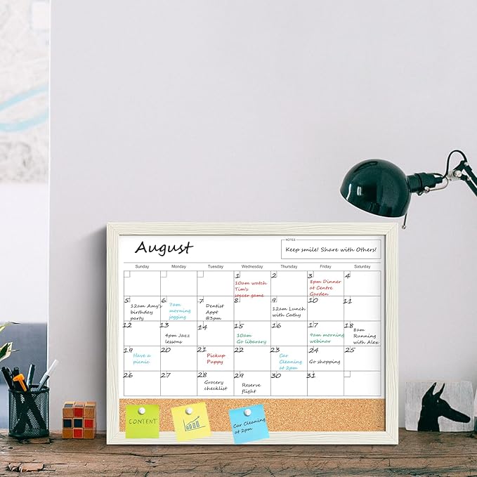 Calendar Whiteboard for Wall, TANKEE 17x13 Inches Whiteboard Calendar Cork Board Combo, Small Magnetic White Board with Wood Framed, Hanging Dry Erase Board for Kitchen Home Office School Planner