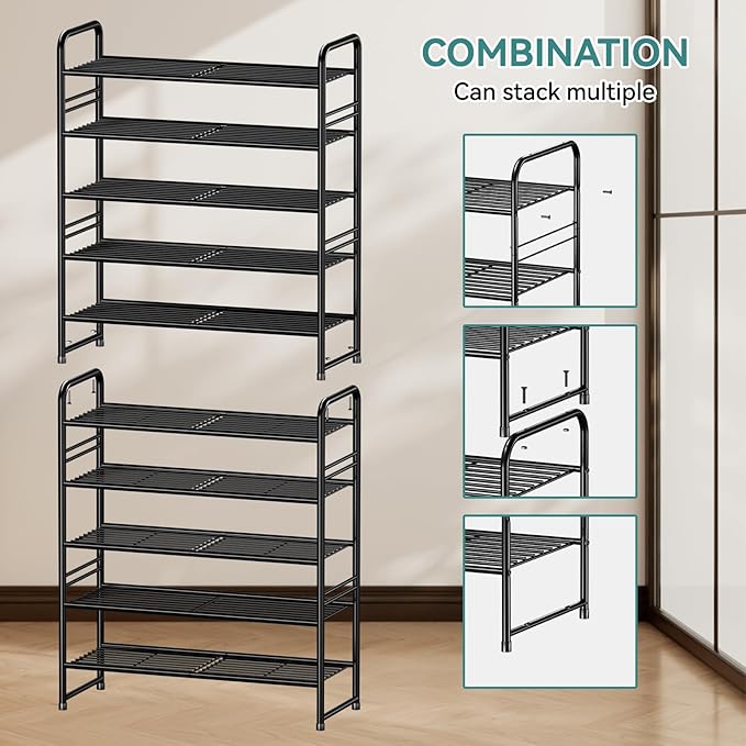 SUFAUY 33" Wide Shoe Rack, 5-Tier Shoe Storage Rack for 24-30 Pairs of Shoes, Shoe Organizer for Entryway, Steel Frame, Industrial, Black