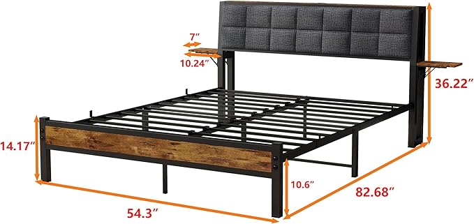 Full Size Bed Frame with Headboard,Metal Platform Bed Frame Full with Storage and USB Charging Station,Upholstered Bed Frames with Metal Slat Support/No Box Spring Needed/ Under Bed Storage/Noise Free