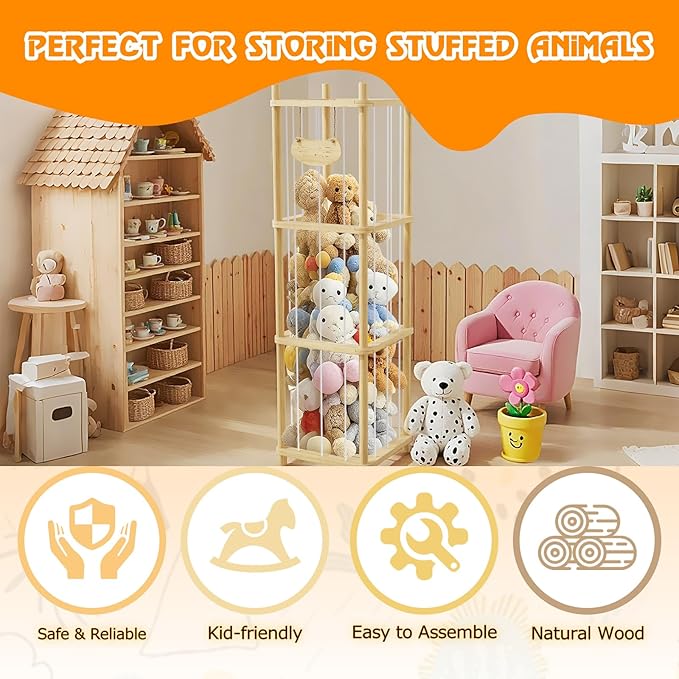 Stuffed Animal Storage , Wooden Stuffed Animal Storage with High Elastic Rope, Large Stuffed Animal Zoo for Nursery Playroom Bedroom (log color)