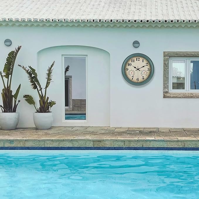 zyzamay 13 Inch Outdoor Clock with Thermometer and Hygrometer, Waterproof and Silent, Large Easy-to-Read Numbers, Ideal for Bedroom,Office,Living Room,Porch,Garden,Pool(Green)