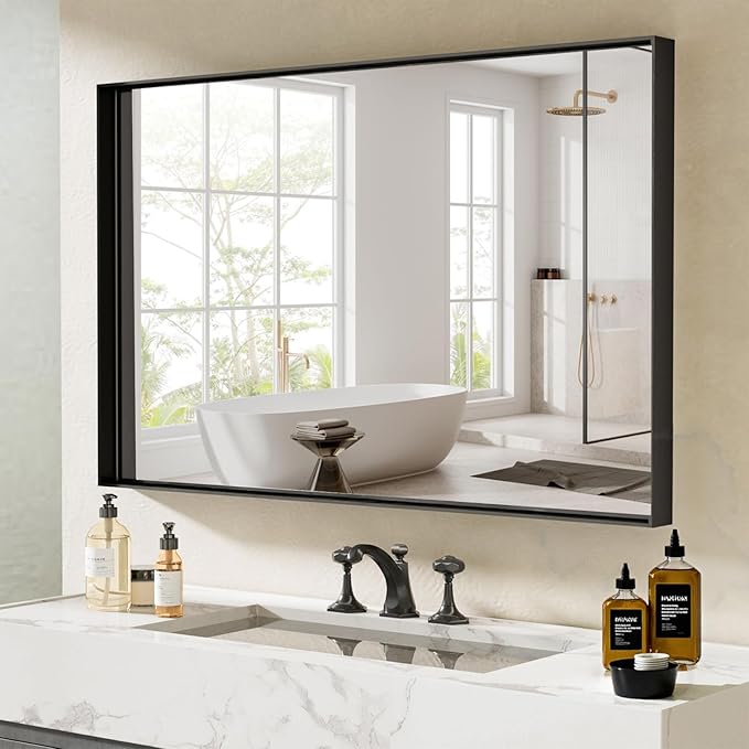 48”x 30” Black Bathroom Mirrors for Over Sink,Large Wall Mounted Rectangular Mirror, Metal Framed, Tempered Glass, Black Bathroom Vanity Mirror, Horizontal/Vertical