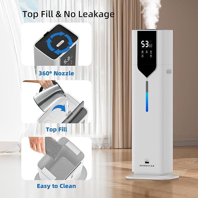 10L/2.6Gal Smart Humidifiers for Bedroom Large Room, Last 100 Hours humidifiers, Cover up to 600ft², Easy Top Fill,Auto Mode 3 Mist Modes, Quiet 30dB humidifier for Bedroom, Office, Baby, White