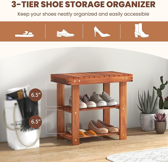 Tangkula Acacia Wood Shoe Rack Bench, 3 Tier Sturdy Bench, Storage Organizer, Holds up to 180lbs for Entryway, Bedroom, Living Room, Balcony, Teak Color (19-inch)
