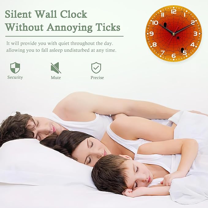 Wall Clock,Orange Spider Web Wall Clocks Wooden Art Hanging Clock Silent Non-Ticking Wall Clocks Battery Operated Round Home Arabic Numeral 10 Inch