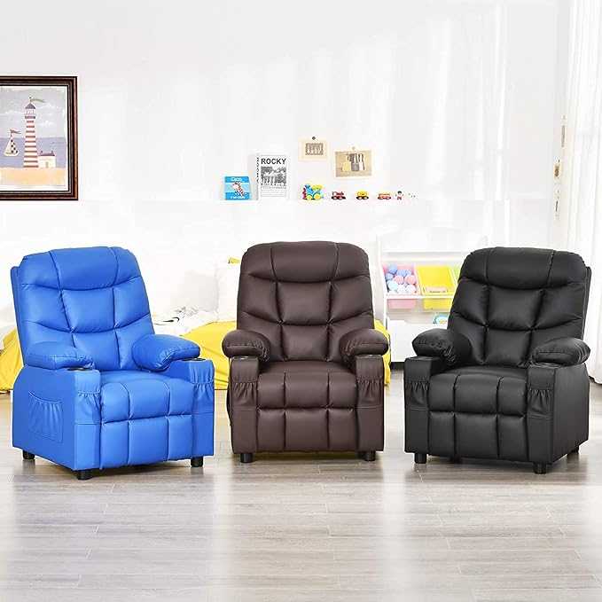 GLACER Kids Recliner Chair w/Cup Holder& Side Pockets, Children Recliner w/Comfortable Backrest, Armrests & Footrest, Toddler PU Leather Recliner for Boys Girls, 3+ Age Group, Black