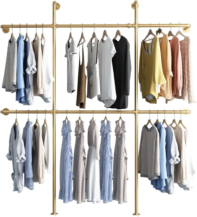 Gold Pipe Clothing Rack Wall Mounted, Industrial Pipe Clothes Racks with 6 Hanging Rods, Heavy Duty Clothing Racks for Laundry Room, Closet Systems for Walk in Closets