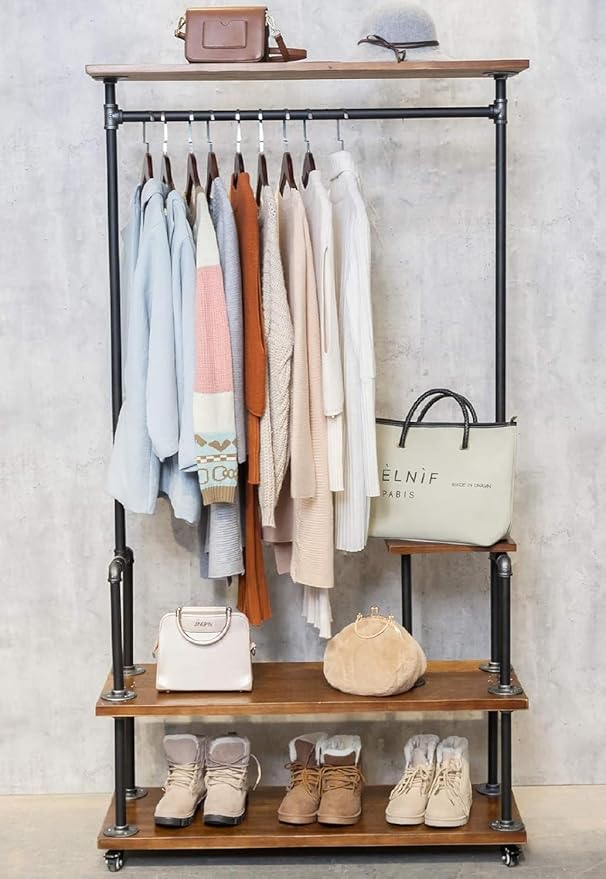 Industrial Clothing Rack, Pipe Style Rolling Garment Rack, Heavy Duty Steampunk Clothes Rack, Hall Tree on Wheels with Shelf and Shoes Storage for Home, Retail Store, Rustic Wood