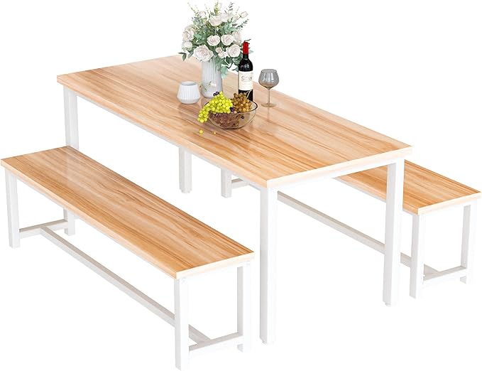 Recaceik Dining Room Table Set with 2 Benches, Kitchen Dining Table Set for 2-4 Person, Space Saving Kitchen Table and Chair Set with Metal Frame for Dining Room, Small Space, Breakfast Nook(Walnut)