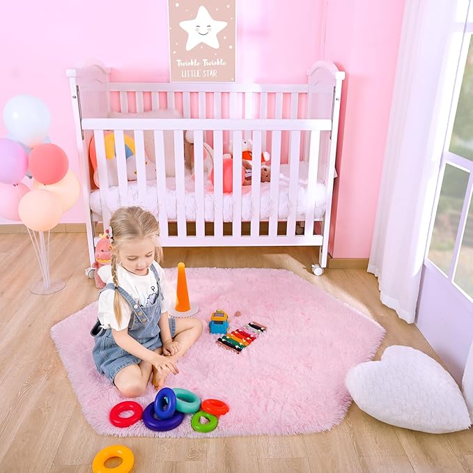 junovo Ultra Soft Rug for Nursery Children Room Baby Room Home Decor Dormitory Hexagon Carpet for Playhouse Princess Tent Kids Play Castle, Diameter 4.6 ft, Pink