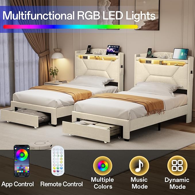 Twin Bed Frame, Twin Bed Frames with Storage Headboard, Upholstered Twin Size Bed Frame with Drawers, Charging Station and LED Lights, Easy Assembly, Beige
