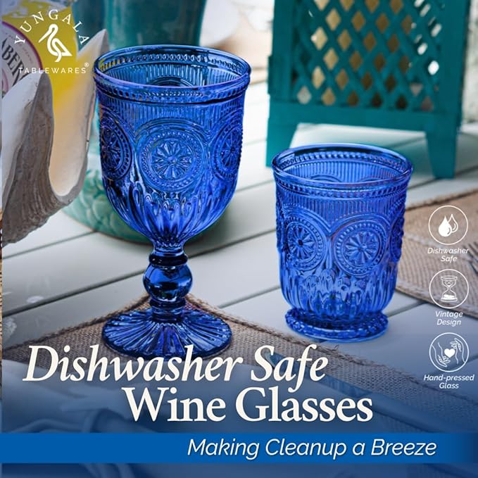 Yungala Cobalt Blue Wine Glasses Set of 6 Blue Goblets - Handcrafted Vintage Glassware with Sunflower Motif, Dishwasher Safe Cobalt Blue Glassware