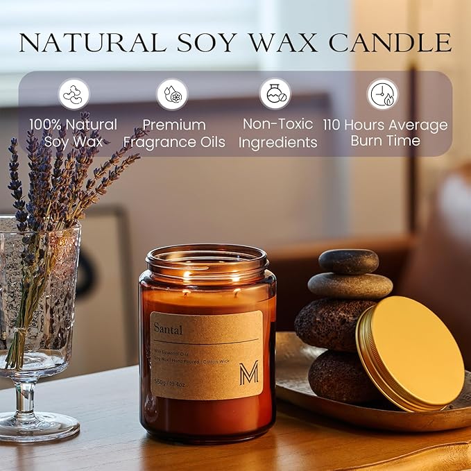 M&SENSE Santal Home Scented Candle | 19.4oz, 115-Hour Burn | Natural Organic Soy Wax | Long-Lasting for Stress Relief and Gifting | for Bedroom,Relaxing SPA,Office