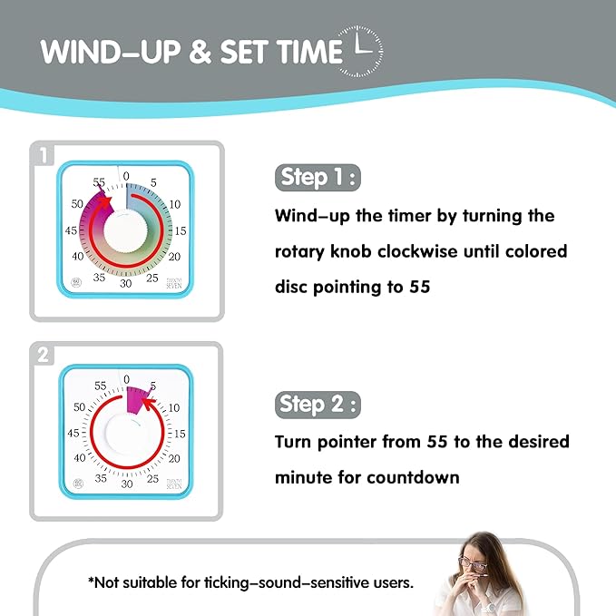 Visual Timer 7.5 inch; 60 Minute 1 Hour Countdown Timer for Kids Classroom Home Office Meeting, Mechanical Countdown Clock for Exam Time Management Magnetic, Sky Blue with Colorful Disc White Knob