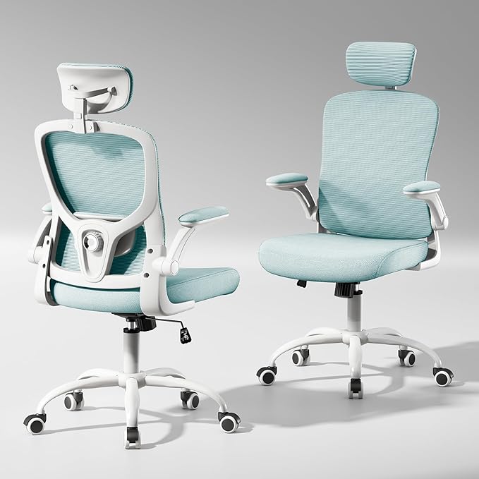 Multi-Adjustable Ergonomic Office Chair, Study Chair, Summer Mesh Comfortable High Back Chair, Headrest, Lumbar Support, Armrest, Seat Height.(White-Blue)